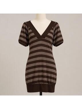 blu heaven Brown Striped V-Neck Short Sleeve Dress Medium